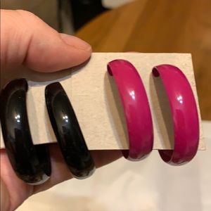 Two pair hoops. Black & Magenta. Never worn.